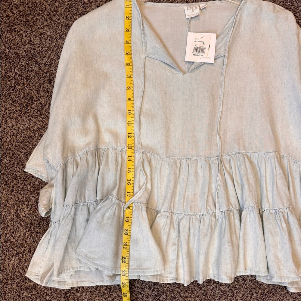 AP Adyson Parker Boho Light Blue Ruffle Hem Chambray Peplum Women's Top Size XL - Picture 10 of 11